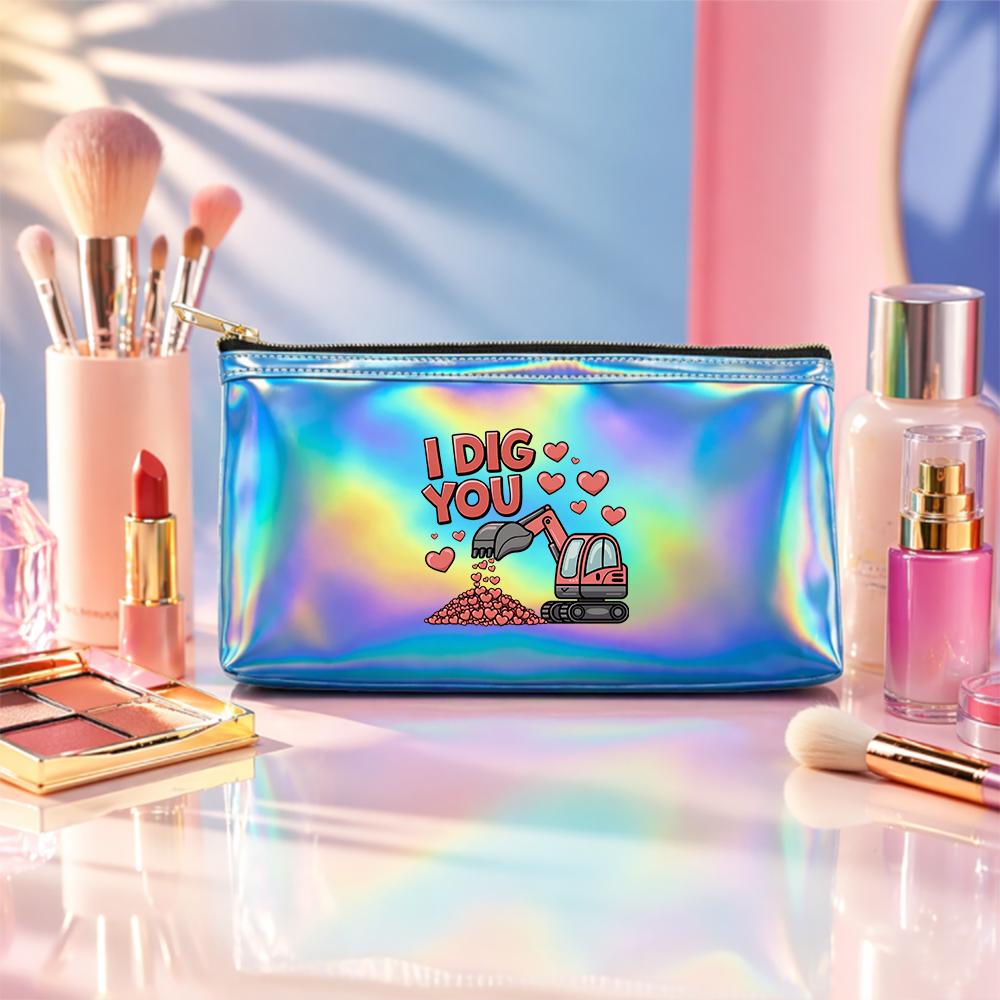 Cute Excavator Heart Print Holographic Laser Cosmetic Makeup Bag,Waterproof Shiny Zipper Pouch Travel Toiletry Organizer for Girls Gift