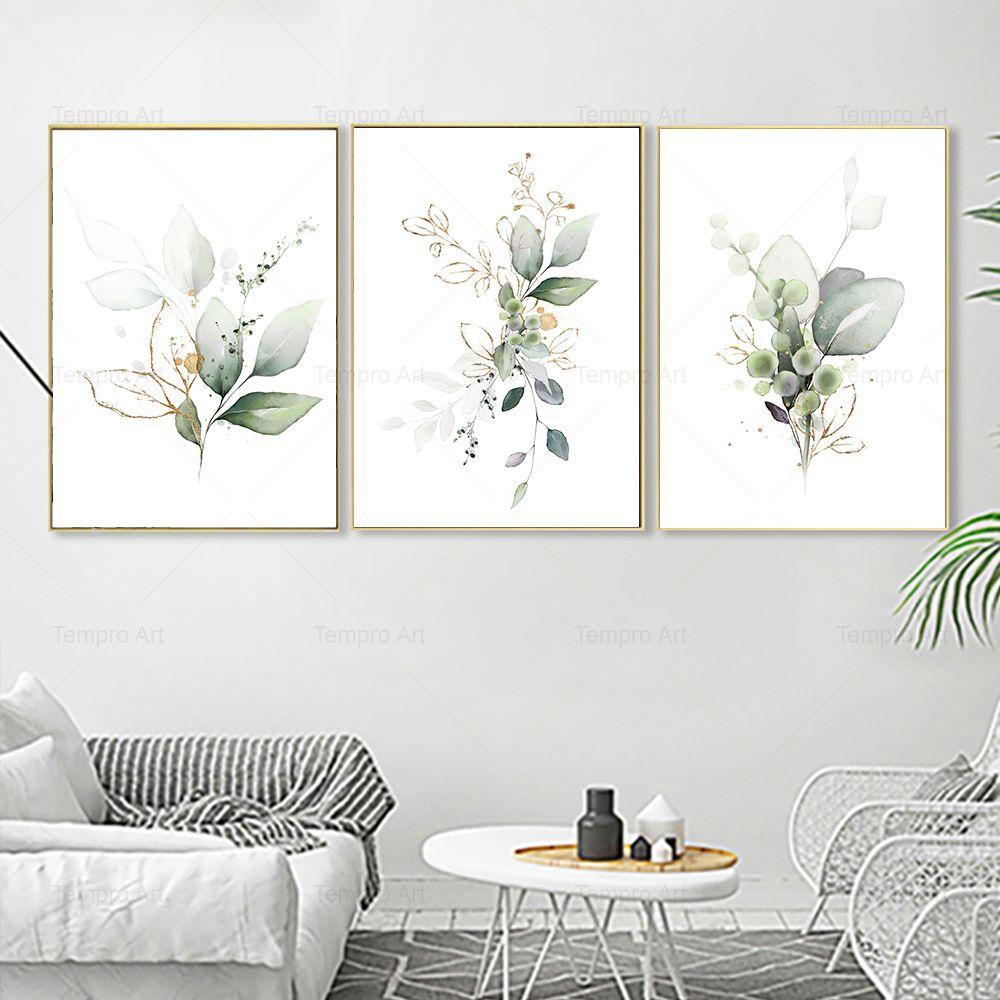 Абстрактная картина с золотым листом и цветком, настенная живопись на холсте, акварель, зеленое золото, ботанический постер с принтом, изображение в скандинавском стиле, домашний декор, подарок