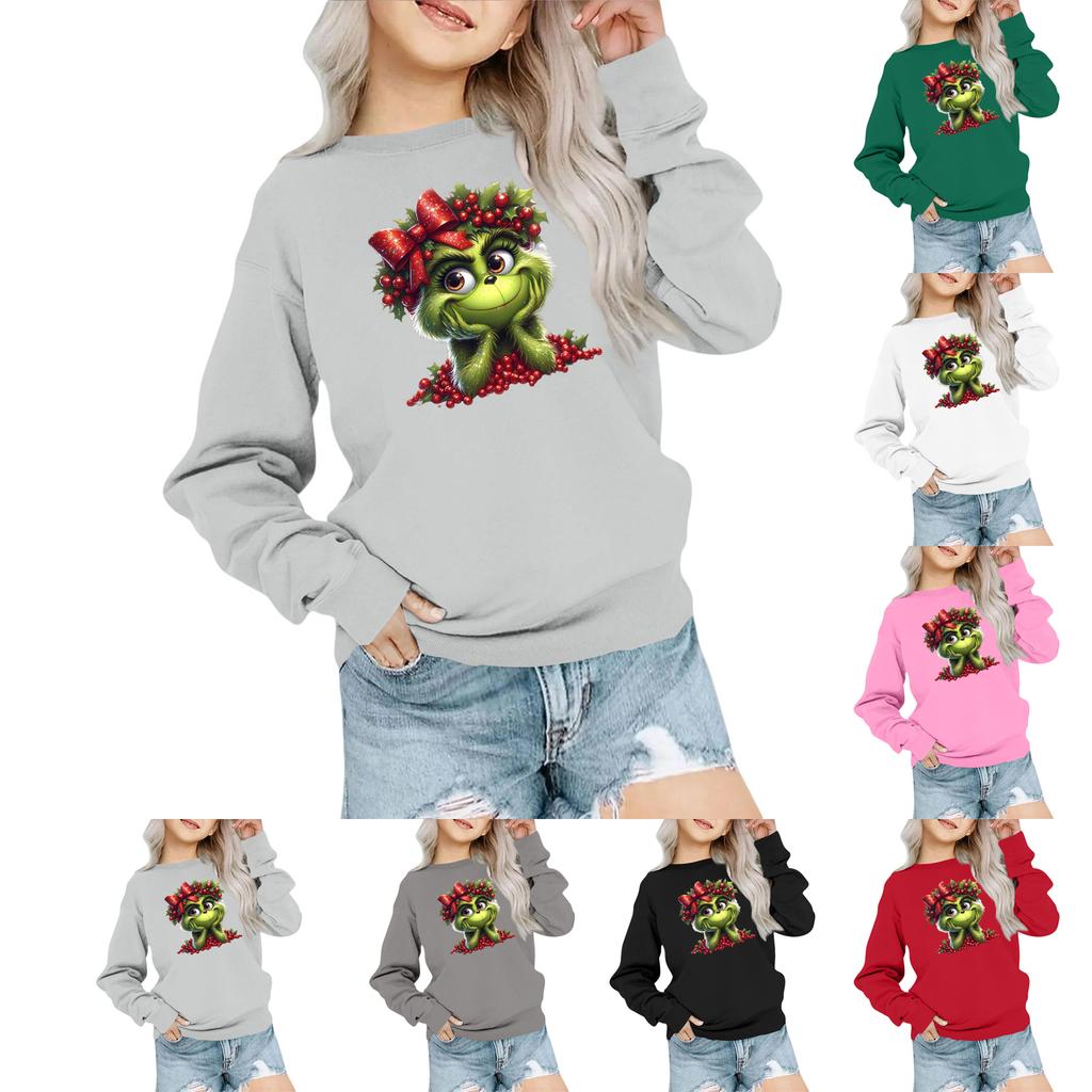 Kids' Fashion Loose-Fit Casual Long-Sleeve Christmas Print Oversized Crewneck Sweatshirt