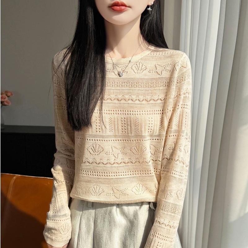 Women S Loose Long Sleeve Round Neck Cutout Knit Sweater Base Layer