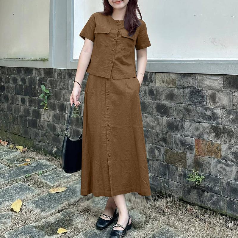 ZANZEA Женские летние комплекты из двух частей: блузка с коротким рукавом и длинные юбки