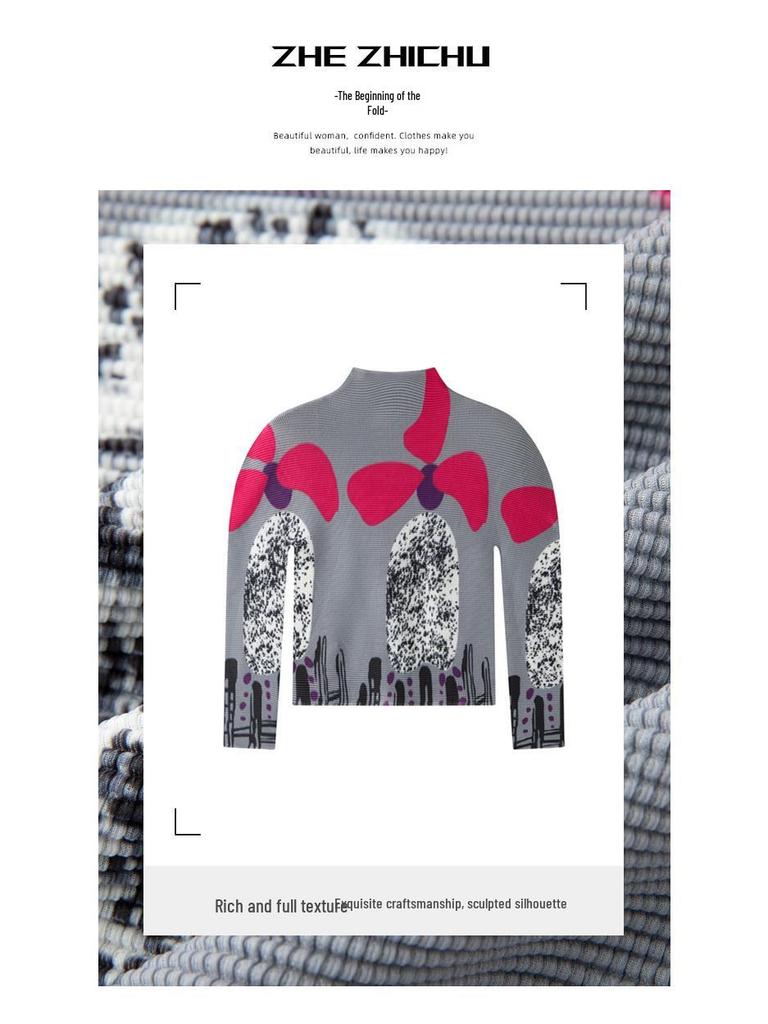 Мияке Весна Легкий Плиссированный Топ с Длинным Рукавом, Высоким Воротником, Приталенный