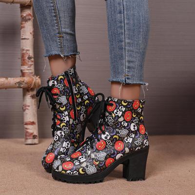 Autumn Winter Plus Size Women's Skull Head Coarse Heeled Short Boots Comfortable Warm Round Headed High-heeled Martin Boots Shoes 36-42