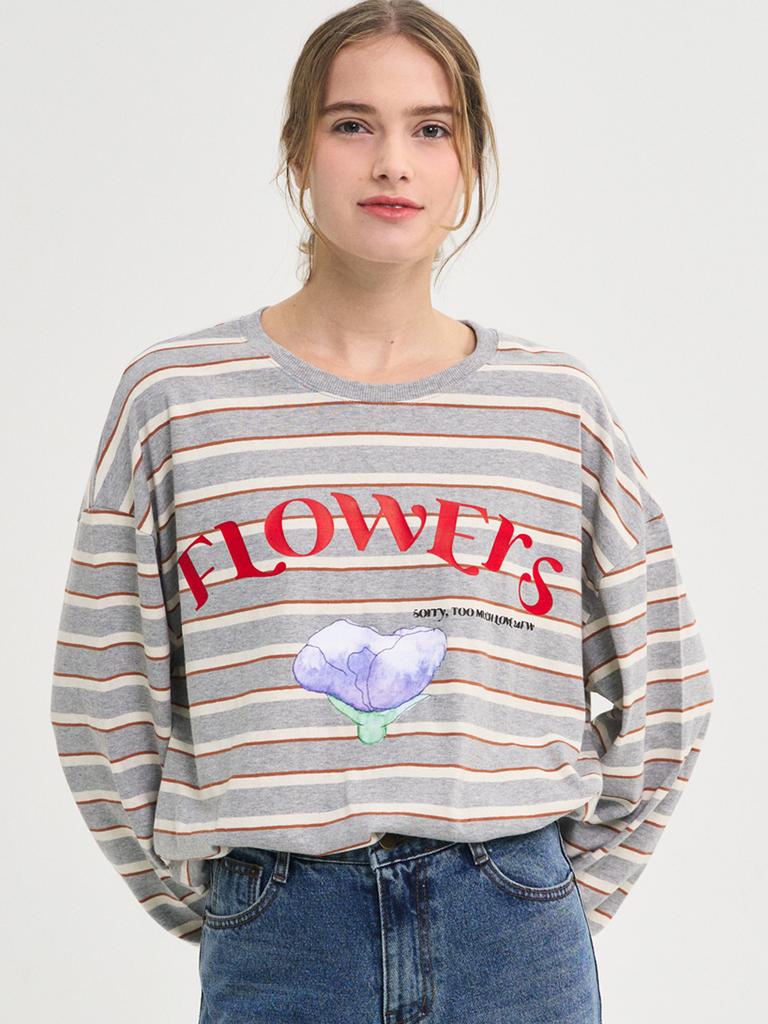 SORRY, TOO MUCH LOVE Flowers Stripe T-Shirt_Gray