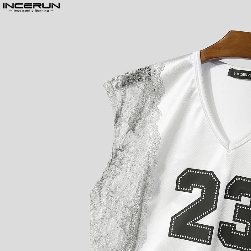 INCERUN Мужские майки без рукавов с V-образным вырезом, кружевной отделкой и буквенной вставкой в стиле пэчворк, повседневные