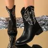 New Autumn Winter Plus Size Women's Embroidered Mid-calf Fashion Boots, Pointed Toe Block Heel V-cut Back Zipper Slimming Boots