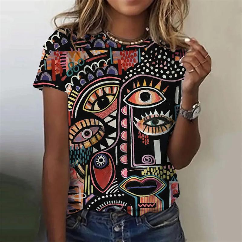 Абстрактная женская футболка с принтом лица в виде 3D-абстракции, повседневная свободная футболка Harajuku с круглым вырезом и коротким рукавом для женщин