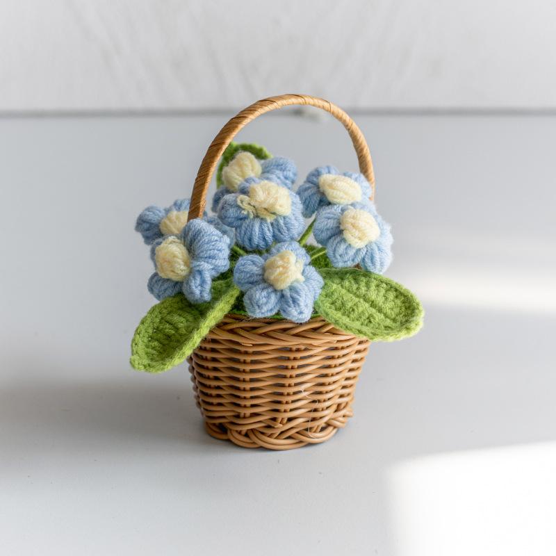 1Pc Small Blue Flower Potted Handmade Wool Crocheted Puff Desktop Decoration Ornaments