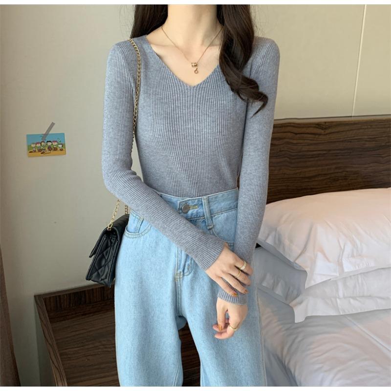 Новый V-образный вырез, облегающий, универсальный, короткий, однотонный, с длинными рукавами, свитер, вязаный снизу, свитер для женщин