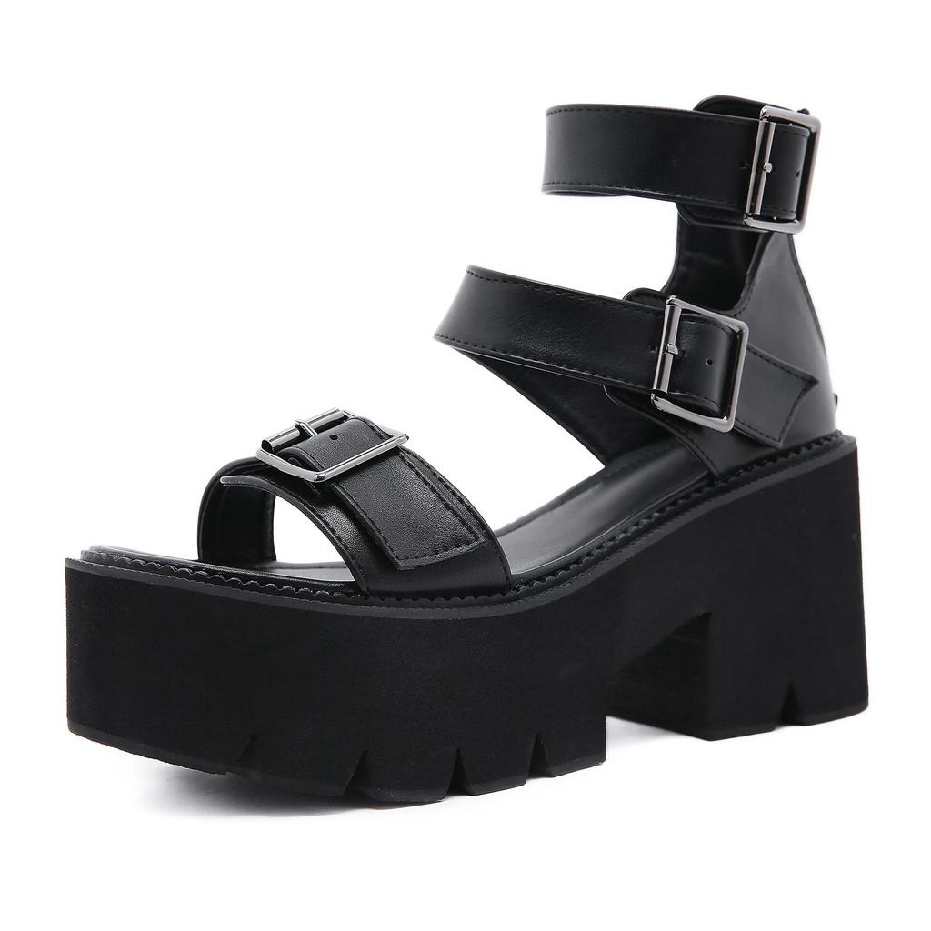 Fashion Ankle Strap Sandals for Women Platform Chunky Heels Patent Leather Thick Wedges Summer Shoes Open Toe Zipper Big Size 43
