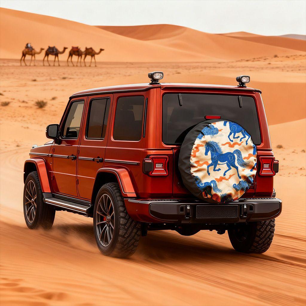 Blue Horse Print Tire Cover for SUV Pickup Off-Road Vehicle Durable All-Weather Spare Wheel Protector
