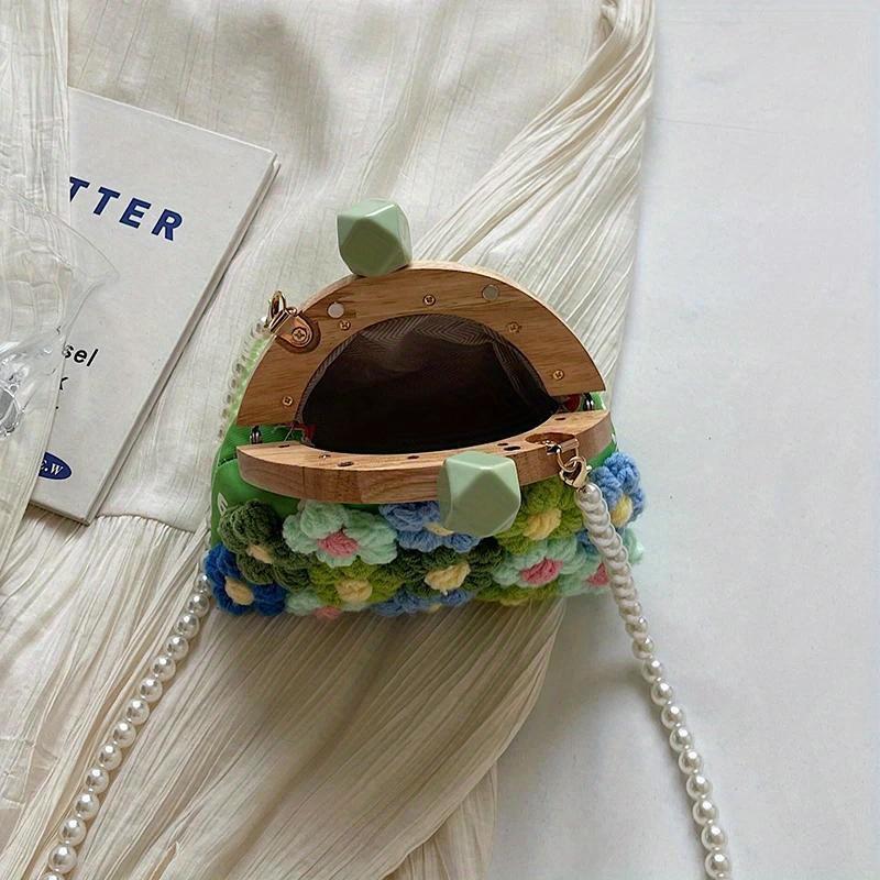 Ретро Деревянный Клатч Сумочка Модная Вязаная Сумка Крючком для Женщин Тренд Имитация Жемчужной Цепочки Сумка Кроссбоди Женская Вязаная Сумка Клатч