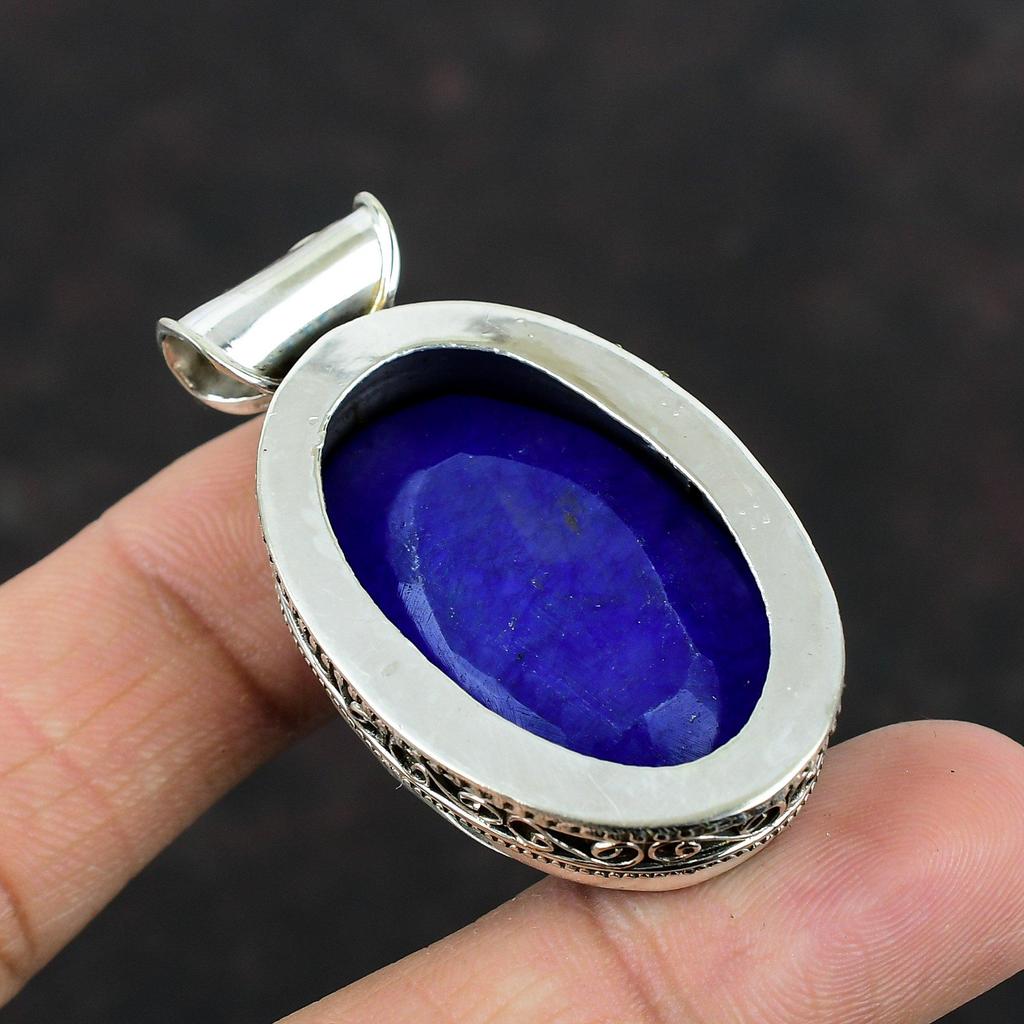 Ограненный Синий Сапфир Подвеска Подвеска из Натурального Драгоценного Камня Стерлингового Серебра 925 Подвеска Ювелирные Изделия Ручной Работы Винтаж Подвеска Для Подарков Серебряные Ювелирные Изделия