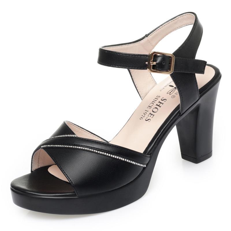 Женская мода Breath Black Comfort Летние туфли с открытым носком на высоком каблуке Весенние туфли с пряжкой на ремешке с открытым носком из мягкой кожи