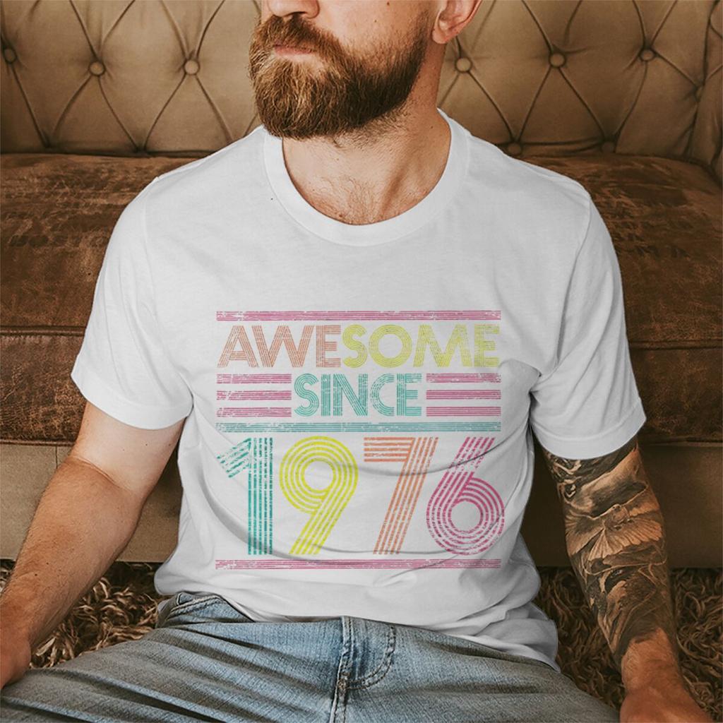 Born in 1976 50 Years of Being Awesome 50th Birthday Gift T-shirts Vintage Men's Casual Tee Loose Streetwear T-shirt Top Women's Clothing
