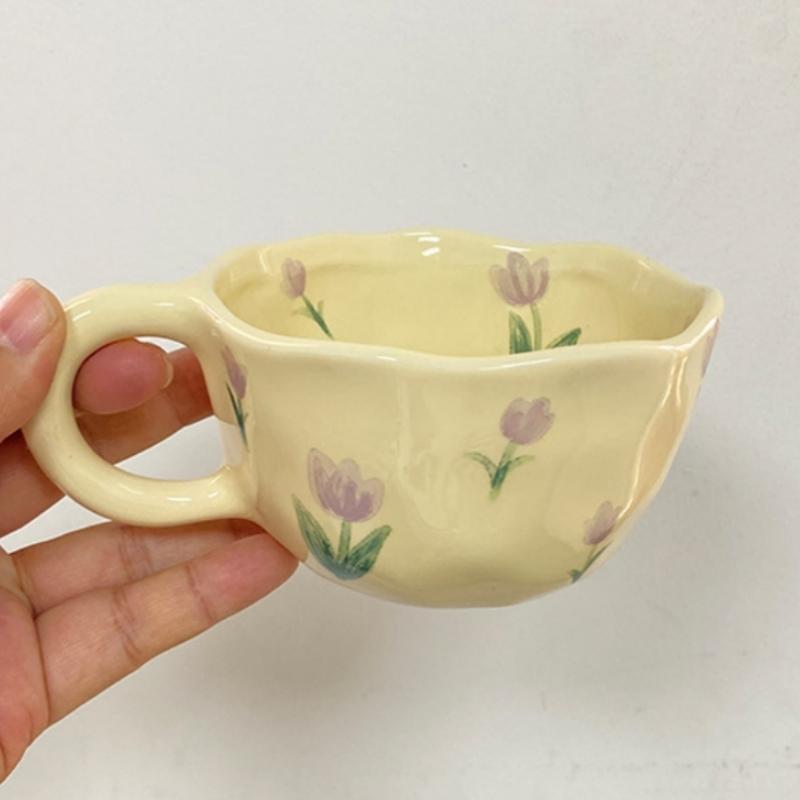 Керамические кружки с необычным цветком, кофейные, молочные, желтые, сжатые вручную чашки, симпатичные, в корейском стиле, овсяные, для завтрака, сока, черного чая, кавайные чашки