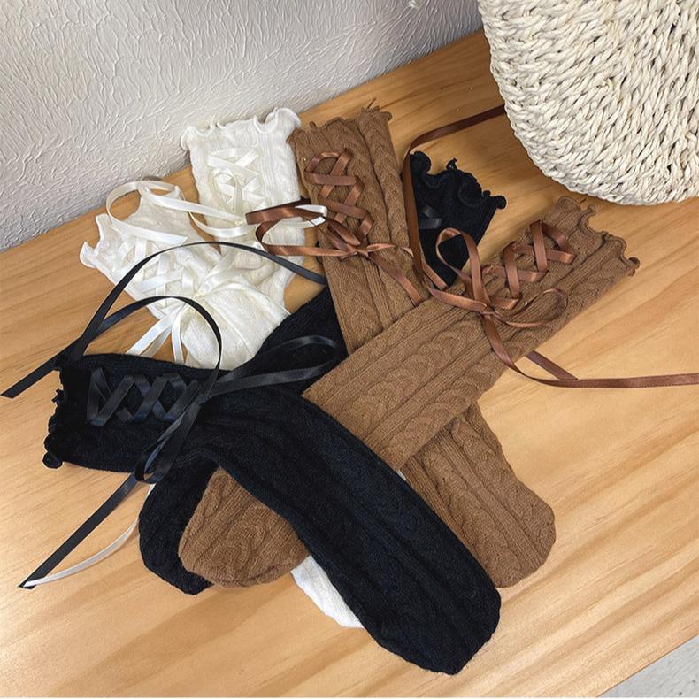1 Pair Fashion Design Kids Girl Sock Korean Lace Bow Ribbon Ruffle Calf Sock for Children Autumn Spring Wool Cashmere Sock