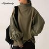 Korean Fashion Autumn Winter Women Stylish Sweater Turtleneck Black Khaki Patchwork Casual Loose Pullover Lantern Sleeve Ladies' Sweater