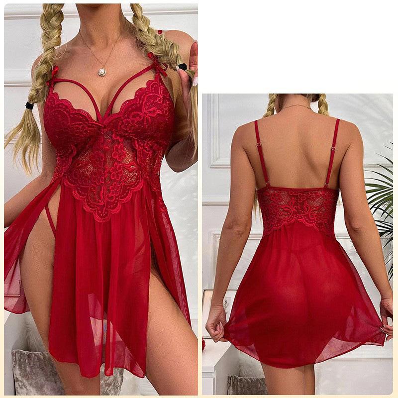 Ladies Summer Sexy Mesh See-through Lace Embroidered Sling Pajamas