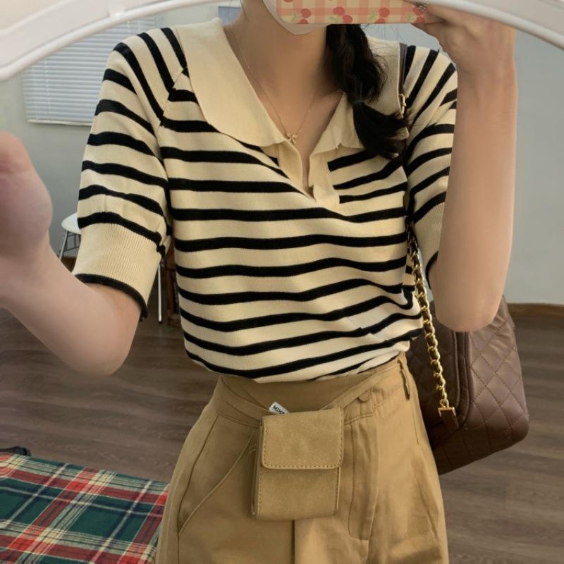 Ленивый Ветер Полосатый Пуловер с V-образным вырезом Женский Летний Сто Свободный Короткий Рукав Вязаная Рубашка Топы Повседневный Базовый Комфортный Стиль Приталенный Пуловер Футболки