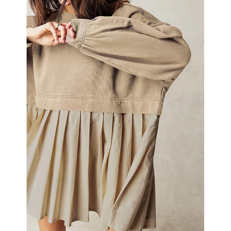 Осеннее новое свободное повседневное платье с длинным рукавом, женское элегантное лоскутное однотонное платье А-силуэта больших размеров, женское круглое шею, винтажное сексуальное короткое платье для вечеринки 25171