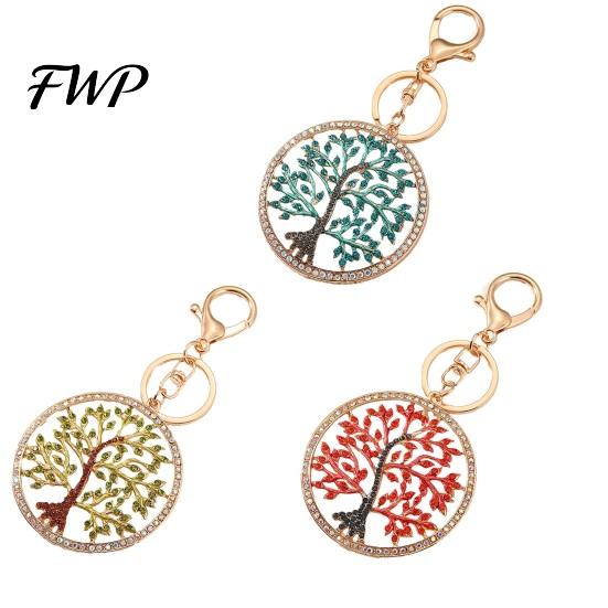 Enamel Craftsmanship Keychain Pendant Rhinestones Inlaid Tree of Life Design Decorative Keyring Accessory Key Chain with Anti-Oxidation Lobster Clasp