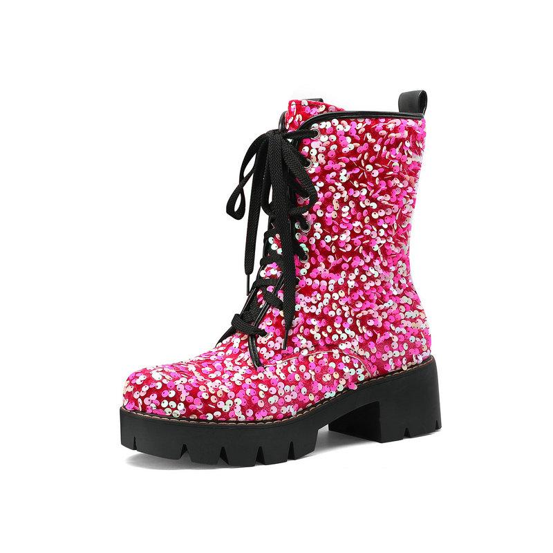 Sequins Glitter Party Goth Shoes For Women Shiny Lace-up Platform Chunky Heels Ankle Boots Wedding Shoes