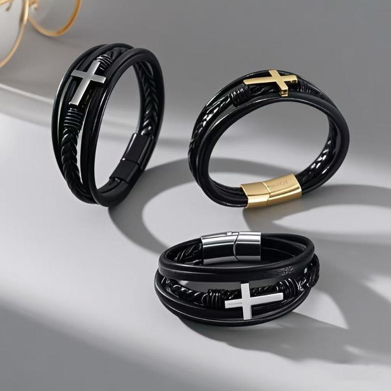 With Metal Magnetic Clasp Classic Single Layer Black 2025 New Hand Woven Leather Bracelet Men's Fashion Business Zircon Gift