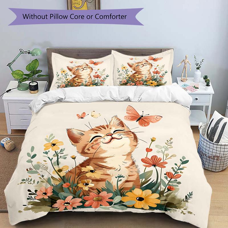 3pcs Butterfly and Cat Pattern Bedding Three-Piece Set (1 Cover + 2 Pillowcases, No Fillings), This Printed Bedding Set Is Soft and Comforta