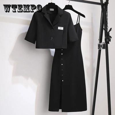 Костюм-двойка Платья на подтяжках Женский костюм Черный простой костюм Короткая повседневная куртка + платье на подтяжках Черный костюм