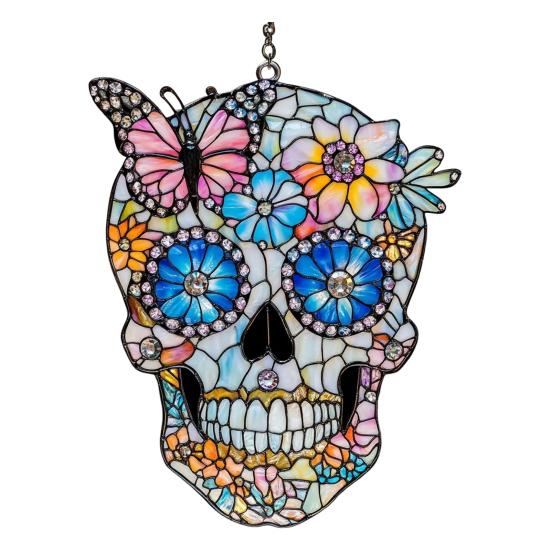 Colorful Skull Suncatcher Sun Catcher Skull Light Trap Window Hanging Decoration with Rhinestones Flowers Butterflies Unique Gothic Boho Decor Gift