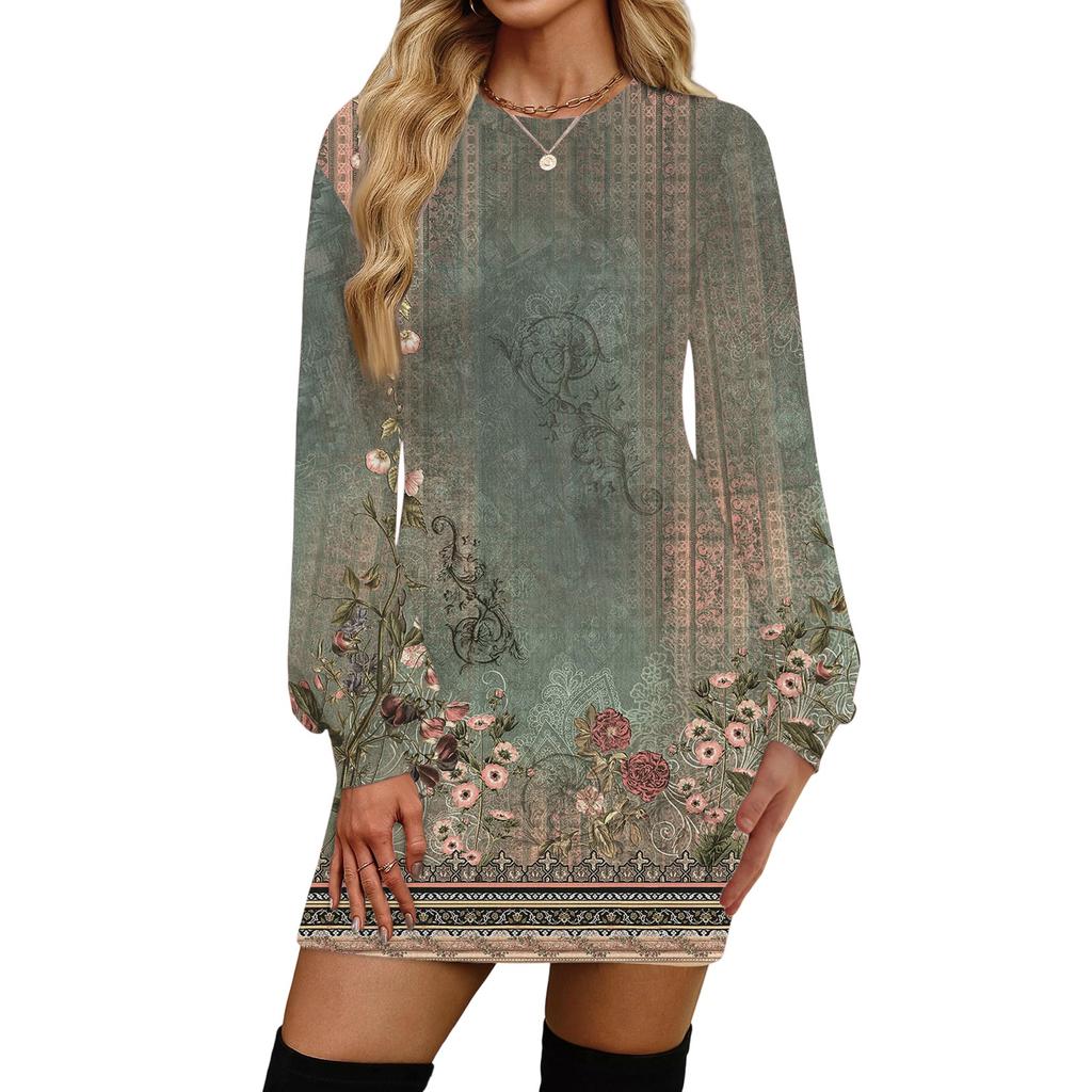 Женское модное повседневное платье с круглым вырезом и длинными рукавами