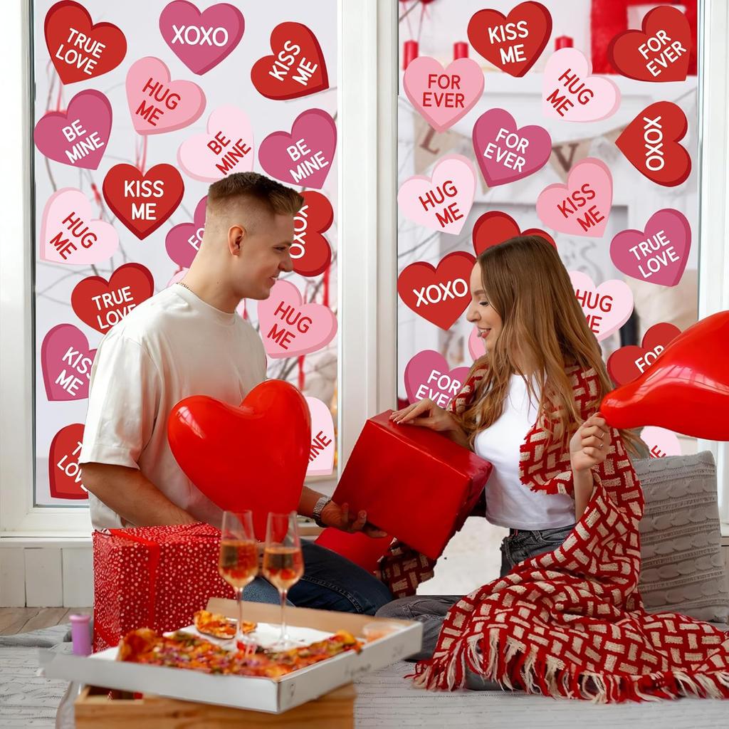 8 Sheets Valentines Day Heart Window Clings Red Pink Love Heart Window Stickers Double-Sided Conversation Hearts Windows Decals for Valentines