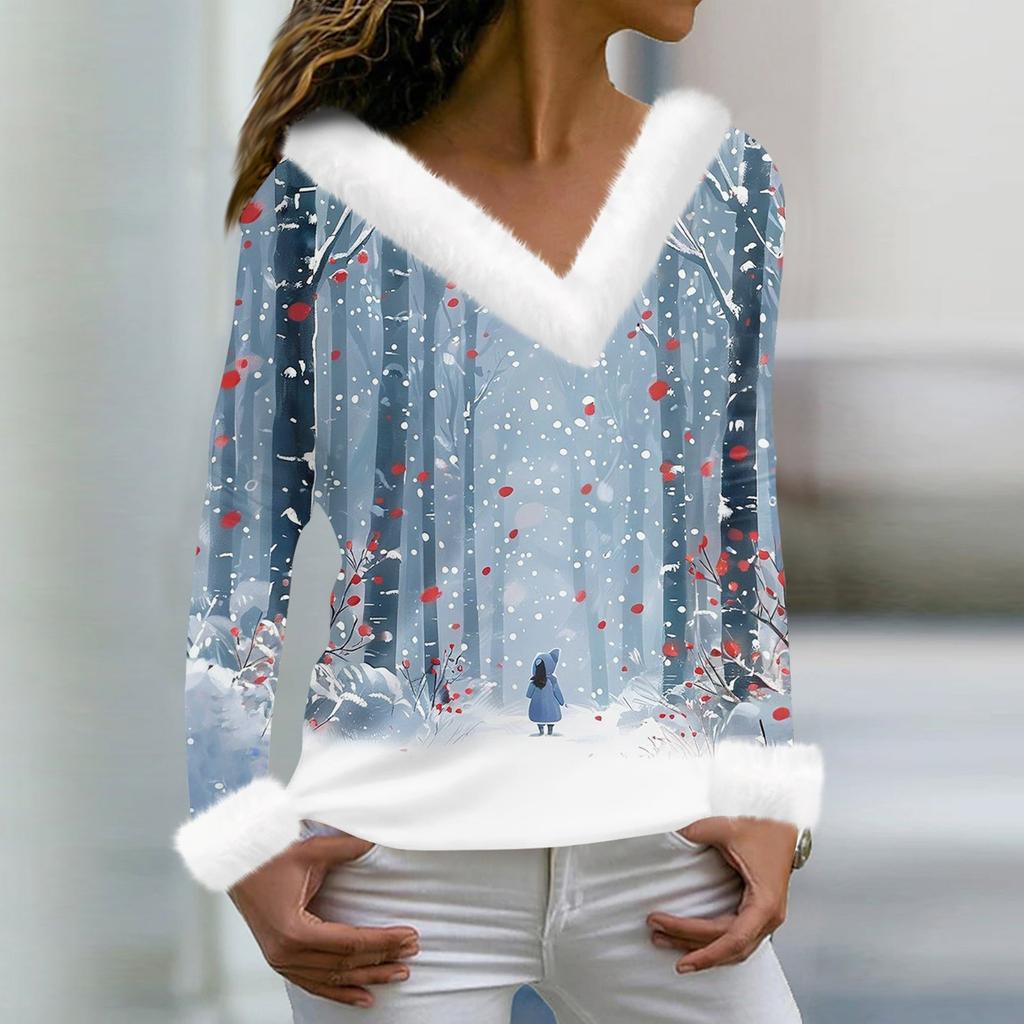 Women's Fashion Casual Long Sleeve V-Neck Christmas Printed Plush Top