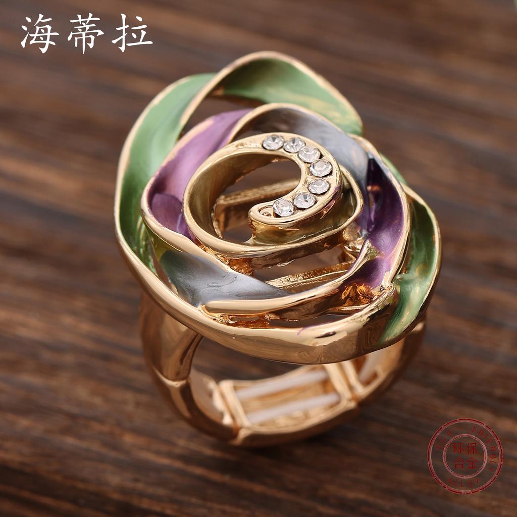 Новое цветное масло, геометрическое полое кольцо-цветок в виде ромба, эластичное кольцо, универсальное кольцо для женщин высокого класса