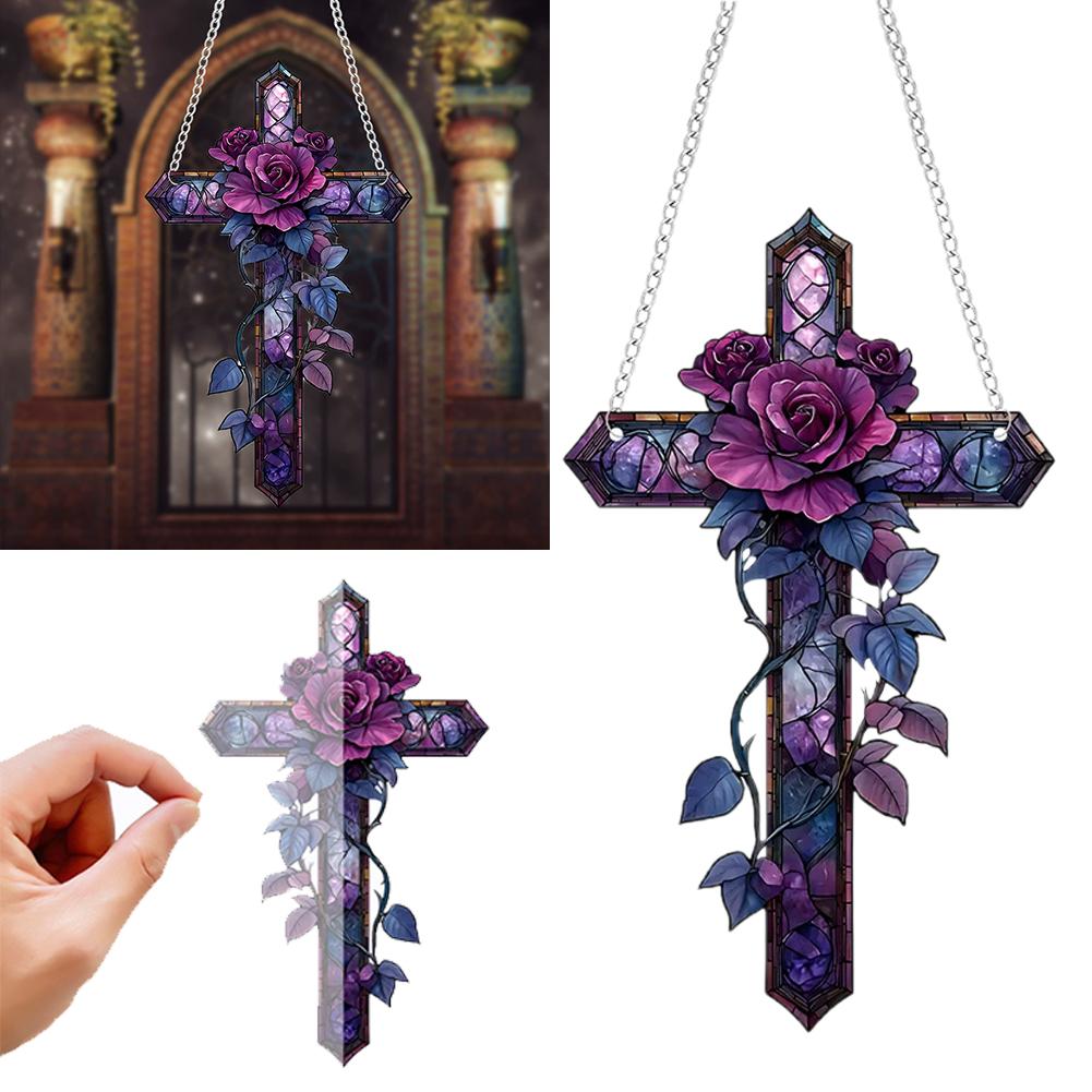Purple Rose Cross Sun Hanging Ornament Suncatcher Hanging Ornament Tree Handmade Gift Decor Chr C6T6