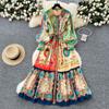 A High-end Printed Dress for Spring Women's Wear with A Lace-up Cinched Waist and A Lapel Long-sleeved Dress
