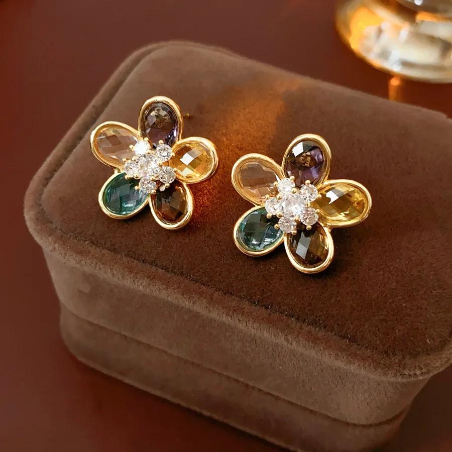 Цветные серьги-гвоздики в виде цветка из циркониевого стекла для женщин, легкая роскошь, дворцовый стиль, универсальные, высококлассная модная циркониевая бижутерия в подарок