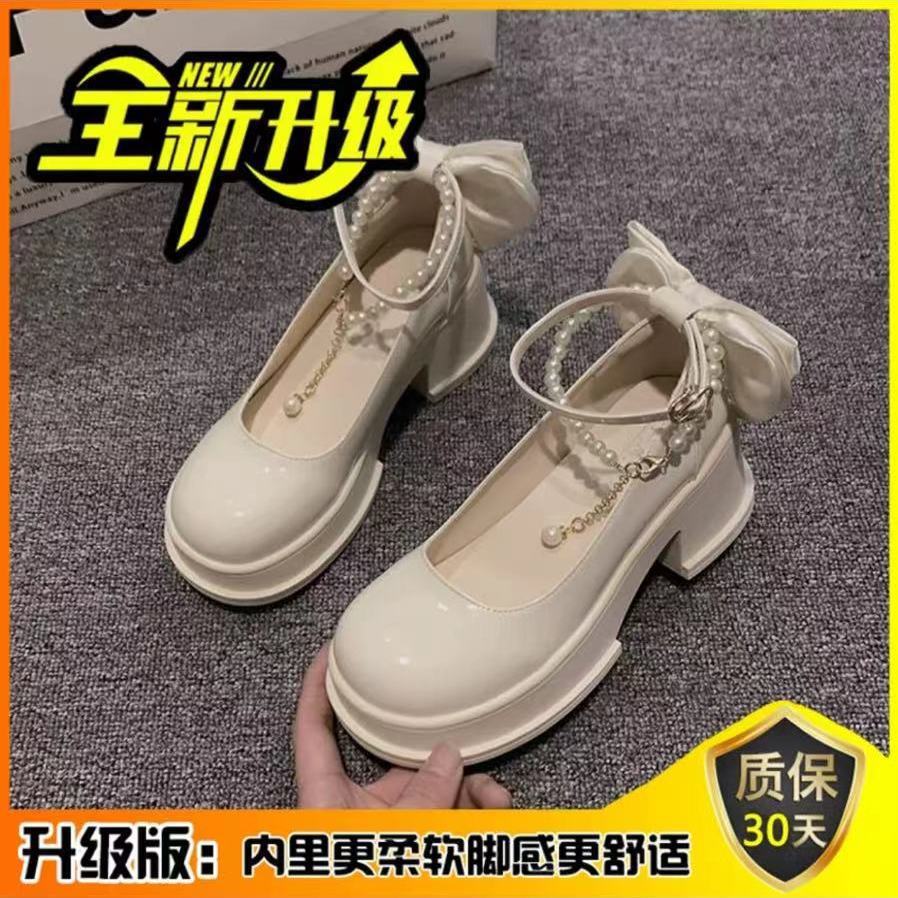 Женские туфли-лодочки 2025 весна и осень новые с бантом французские туфли на высоком толстом каблуке Мэри Джейн платформа маленькие кожаные туфли