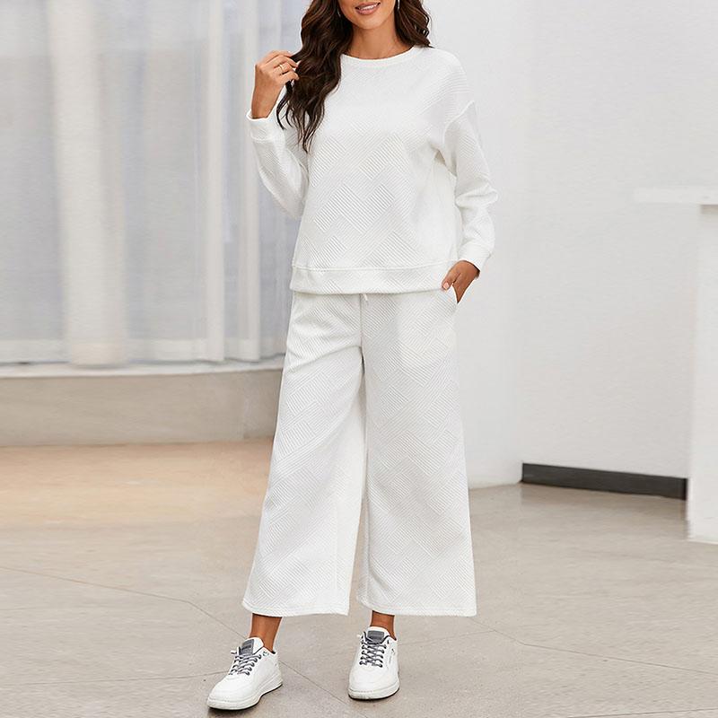 Autumn Women's Pure Color Wide Leg Pants Set Long Sleeved Round Neck Pullover Drawstring Pants Female Suit