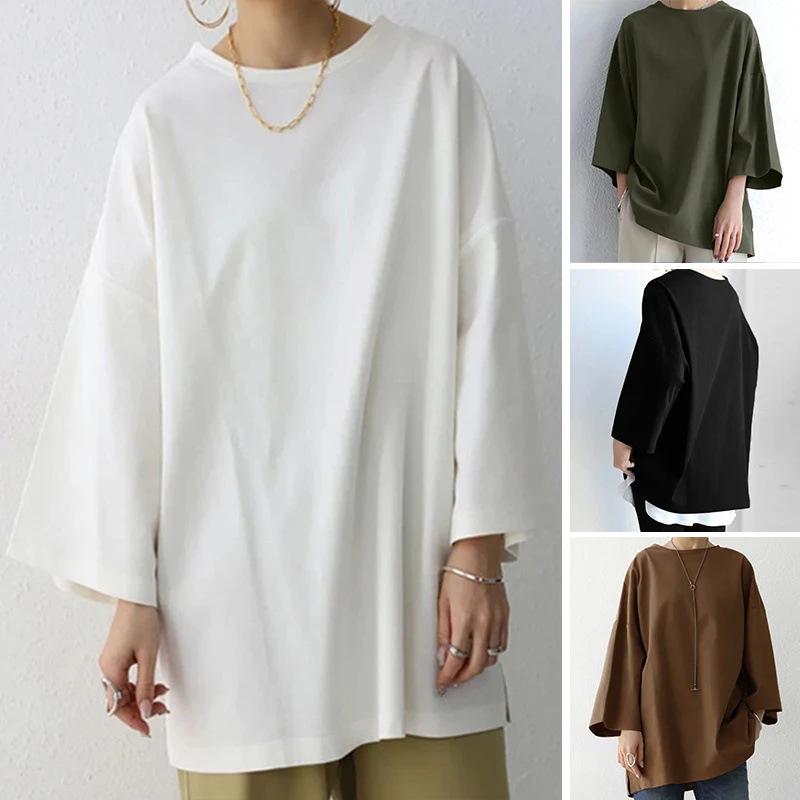 Women's 2024 Spring/Summer Solid Color Crew Neck Slit Long Sleeve Loose Top