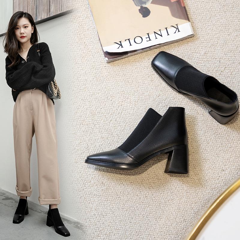Мода Мода Удобные Женские Ботильоны из Натуральной Кожи Элегантный Квадратный Носок Толстый Каблук Туфли Вечеринка Повседневная Обувь Женщина 2025 Новинка
