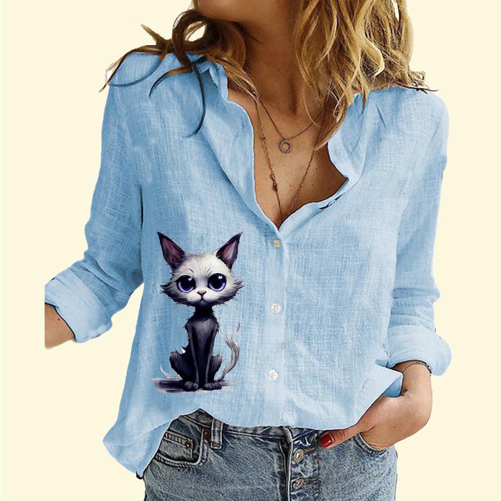 Women Fashion Buttoned Shirt Casual Thin Long Sleeve Top Ladies Cotton Linen Cat Print Shirt