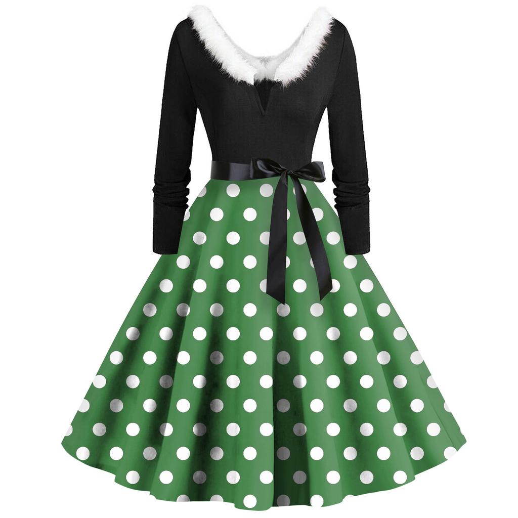 Women's Casual And Fashionable Long Sleeved V-neck Polka Dot Print Matching Zipper Dress