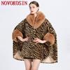 Batwing Sleeves Poncho Women Zebra Striped Overcoat Cloak Winter Big Pendulum Faux Fur Collar Cardigan Woolen Loose Capes Coat