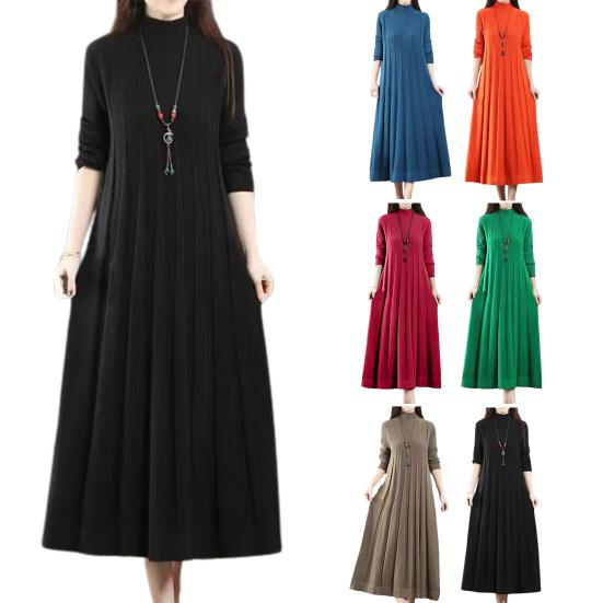 Женское осенне-зимнее трикотажное платье А-силуэта со свободным подолом, однотонное, с высоким воротником, защитой шеи, толстое, теплое, с длинными рукавами, плиссированное, длиной до середины голени, платье-миди