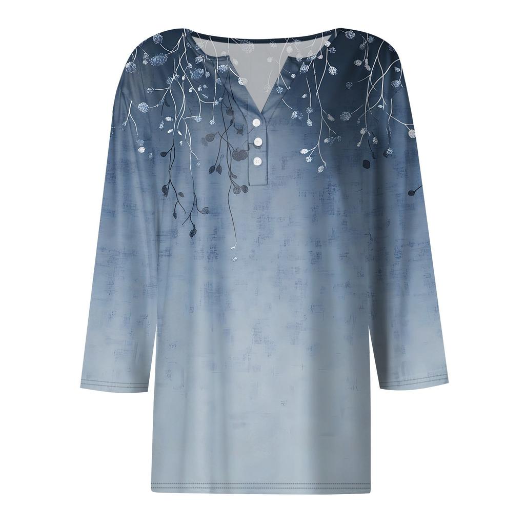 Жен. Футболка С принтом Пуговицы Рукав 3/4 Повседневные Выходные Мода Классический Классический V-образный вырез Обычный Верх