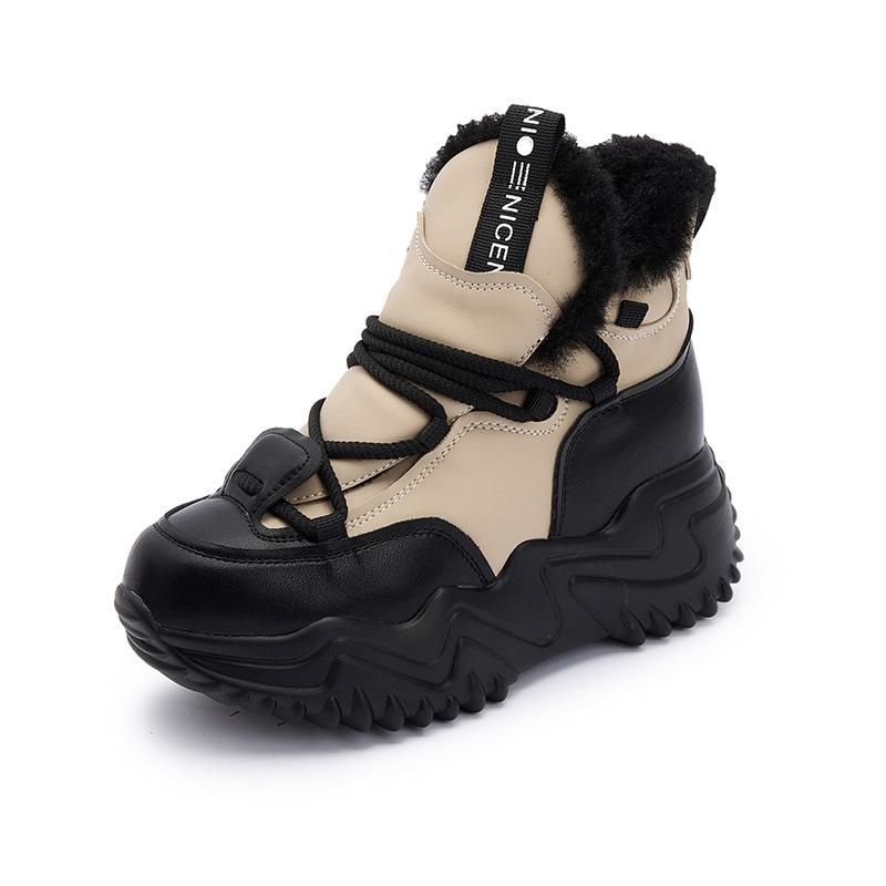 Sports Shoes High Top Thick Sole Inside Elevating Daddy Shoes Women's Casual Leather Shoes with Extra Thick Velvet