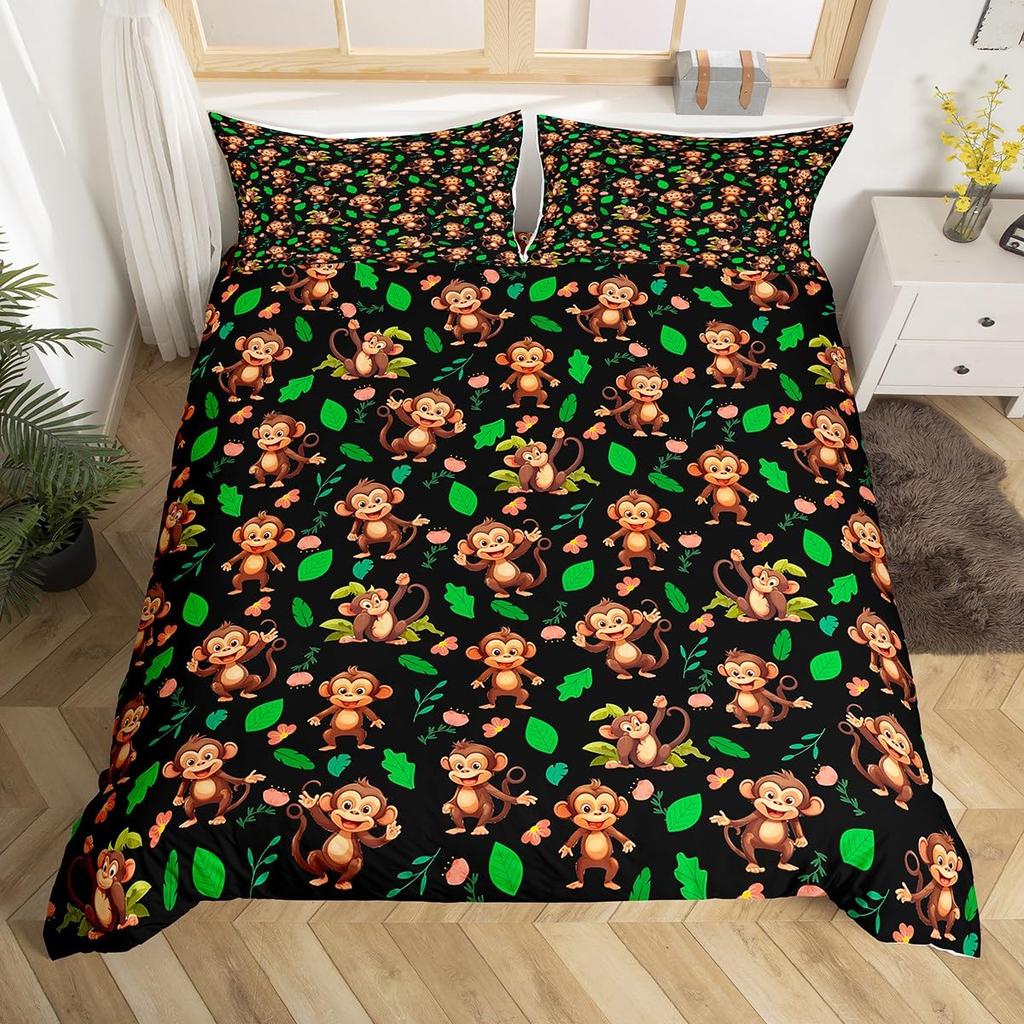 Комплект постельного белья с милой обезьянкой, двойной, с рисунком банана, звезд, пододеяльник с изображением тропических диких животных и фруктов, желтый пододеяльник