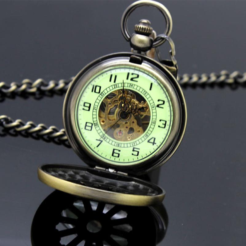 Luxury Luminous Mechanical Pocket Watch Bronze Hollow Wheel Hand-Winding Steampunk Pocket Hanging Chain Antique Watch Best Gifts